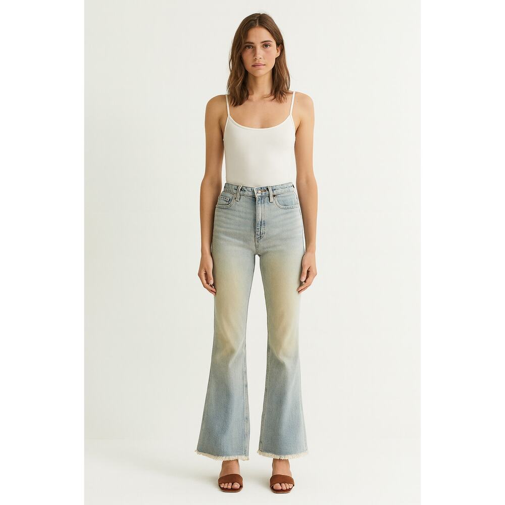 Paige Collete  High Rise Flare Jeans Size 29 Light Wash Raw Hem Distressed Denim